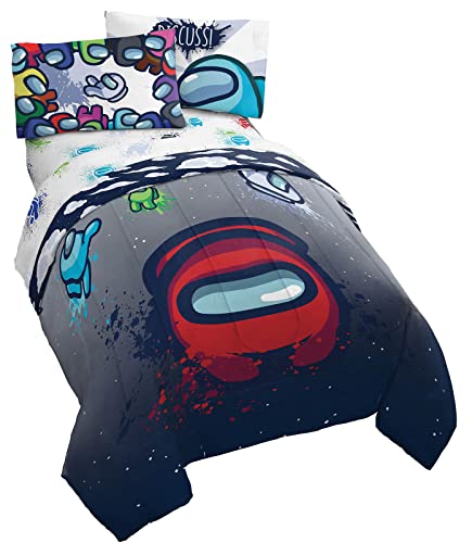 Among Us Space Splatter - Juego de cama de 4 piezas tamaño individual, incluye edredón y juego de sábanas, microfibra súper suave resistente a la decoloración (producto oficial de Among Us)
