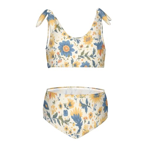 KLL Paisley Watercolor Floral Pattern Tile Flowers Girls 2 Piecing Bikini Sets Scoop Neck Bathing Suit Swimwear Adjustable