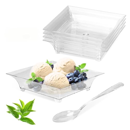 piopiocoing 100 Pack 1 oz mini Square Dessert Plates for Appetizers?Mini Plastic Plates with Spoons?Reusable Square Small Party Serving Bowls for Trifle, Cheesecake, Ice cream