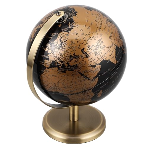 Ciieeo Globo Terráqueo de Escritorio Antiguo 14 Cm Soporte de Bronce Envejecido, Bola Mundo Decorativa Giratoria en Color Negro y Dorado, Adorno para Decoración de Mesa y Oficina