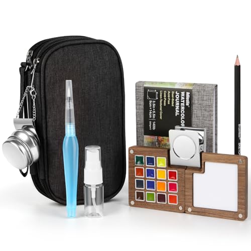 Adioslie Mini Watercolor Travel Set 15 Color Pocket Watercolor Paint Set with Storage Bag Watercolor Journal Metal Clip Paint Water Cup Water Brush Art Gift Kit for Painting Anywhere-01