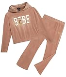 bebe Girls Sweatpants Set - 2 Piece Velour Athletic Hoodie Sweatshirt and Wide Leg Kids Sweatpants Activewear Set, Size 10-12, Toasted Almond