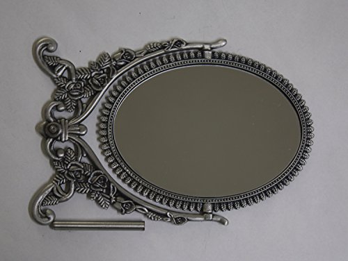 Sehamano Vintage Antique Embossed Roses Pattern Makeup Table Mirror, Decorative Oval Shaped Stand Mirror, Vanity Cosmetic Double Sided Rotatable Ellipse Metal Frame Mirror (Tin (Matt Grey), Large) #TOP7