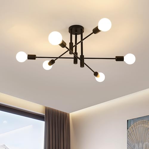 Dorlink Sputnik Ceiling Light, 6-Light Matte Black Flush Mount Ceiling Light, Industrial E27 Sputnik Chandelier