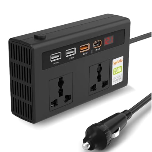Image of 200W Car Power Inverter, Car Laptop Charger with 2 AC Outlets (220V), 3 USB-A & 1 USB-C PD 18W Fast Charging Ports, 12V DC to 220V AC Adapter for Laptops, Phones & Tablets - Black Body