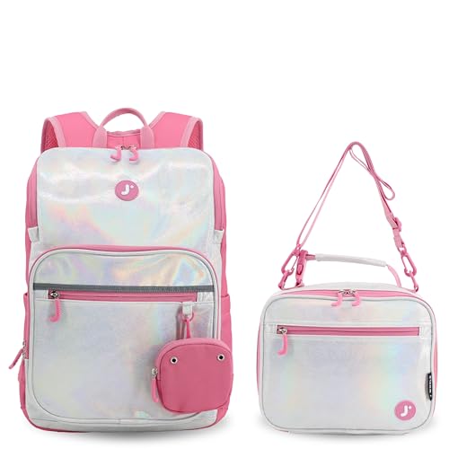 J World New York Junior Set Kids Backpack with Lunch Box. School Bookbag and Lunch Bag, Metallic Silver