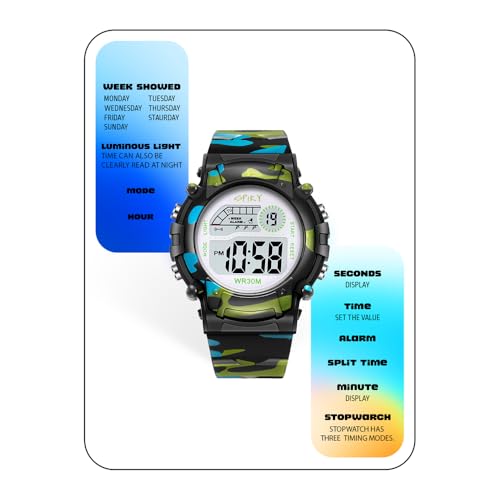 Image of SPIKY Round Digital Sports Watch for Kids | Military, Camouflage Design | Multifunctional & Luminous Display | 30M Water Resistant | Best Birthday Gift Wrist Watches for Boys & Girls | Age 2-12 Years