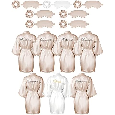 Jecery 7 Pcs Bridesmaid Robe Sets Bride Silk Satin Robes Bridal Party Robes with Sleeping Eye Mask and Elastic Headband Sets (White, Champagne) Cover