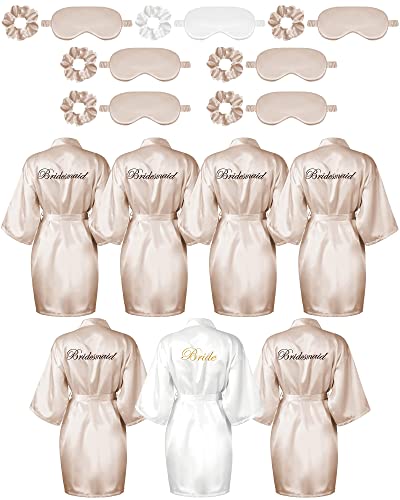 Jecery 7 Pcs Bridesmaid Robe Sets Bride Silk Satin Bridal Party with Sleeping Eye Mask and Elastic Headband