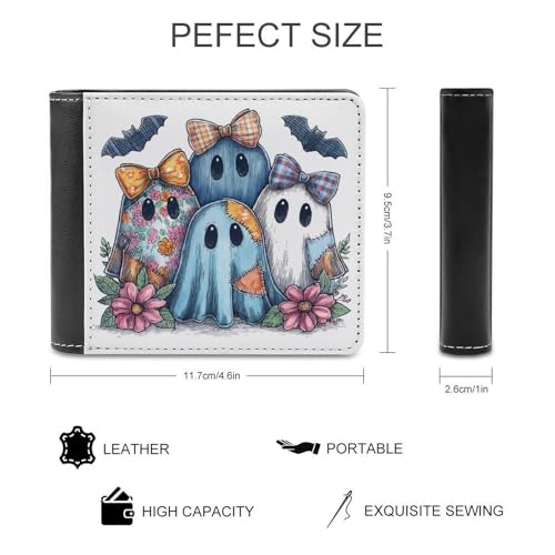 Cute Ghost with Fabric Bow Soft PU Leather Bifold Wallet, Coin Purse Credit Pass Case, Durable Card-Holder Slim Billfold for Men Woman Money Storage2