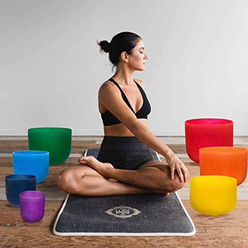 Topfund 432 Hz Chakra Tuned Set Of 7 Color Crystal Singing Bowls 6-14 Inch With Heavy Duty Carrying Cases And Singing Bowl Mallet Suede Strikers #TOP2