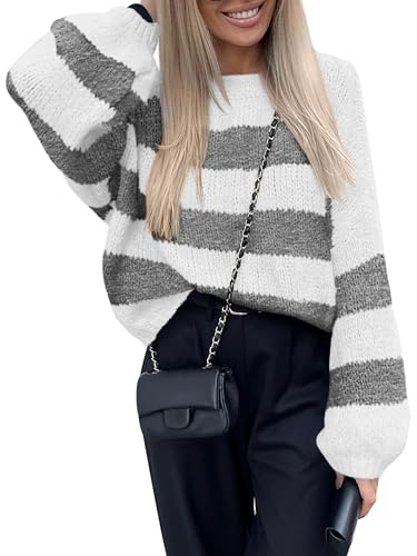 Image of PRETTYGARDEN Womens 2024 Oversized Lantern Long Sleeve Striped Sweaters Fall Casual Crewneck Loose Chunky Knit Pullover Tops
