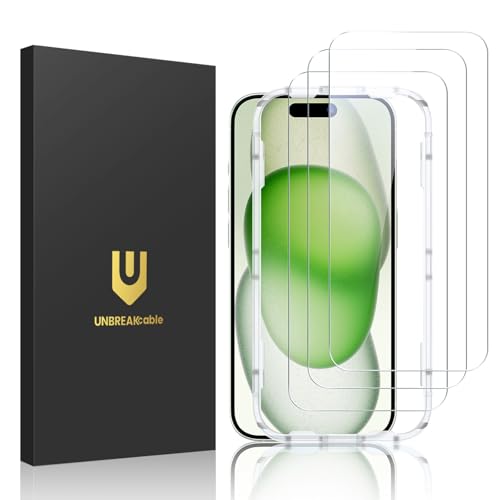 UNBREAKcable 3-Pack Screen Protector for iPhone 15 Plus, Double Shatterproof Tempered Glass [Easy...