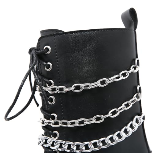 Image of Parisuit Womens Goth Patent Ankle Boots Platform Chunky Combat Boots | Lace Up, Gothic Boots, High Heel, Punk Short Booties, Buckle Boots, Chain Boots