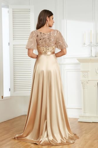 Embroidery Sequin Prom Dress Satin Bridesmaid Dresses with Sleeve A-Line Evening Formal Dress with Pockets AF0094