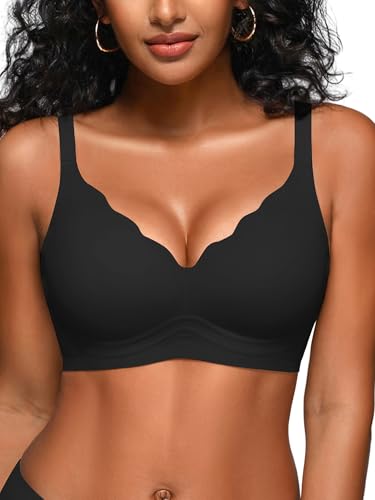 Cuteio Jelly-BH Damen ohne Bügel S-2XL Nahtloser Push Up Komfort BH mit softem Halt gepolstert V-Ausschnitt Bequem Tshirt Bra Schwarz L