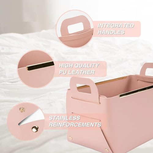 Image of Leather Portable Small Storage Basket for Desktop, Rectangle Decorative Box with Two Handles for Organizing, Storage Bin for Snack Sundries Cosmetics Stationery, 9.45''L5.5''W5.12''H (Pink)