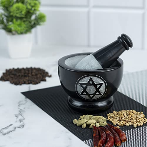 Crocon Black Marble Mortar And Pestle Set With Star Of David Symbol Hand Grinder Set For Herbs Spices Pastes Pesto Natural Handmade Crusher Stone 4 Inch For Kitchen Essential Best Gift #TOP4
