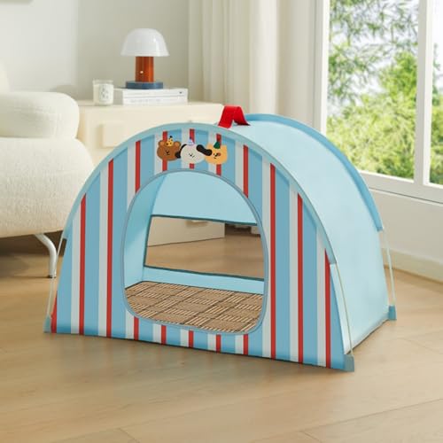 XVVXペットテント 猫用 - 防水キャット&ドッグテントハウス - ペットテント | ケーブネストベッドの折りたたみ式通気性ケージ空気の流れと換気機能付き 小型犬 子犬 ウサギ向け 室内 屋外 庭 海辺 (青い子犬 + マット,XL-75*48*55CM