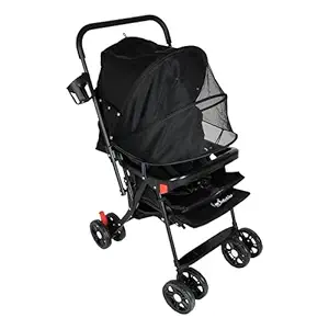 Babykins Baby Stroller/Pram for 0 to 3 Years, New Born/Toddler/Kid | 5 Point Safety Harness, Adjustable Footrest, Swivel Wheels with Brake, Large Storage Basket | Matte Black