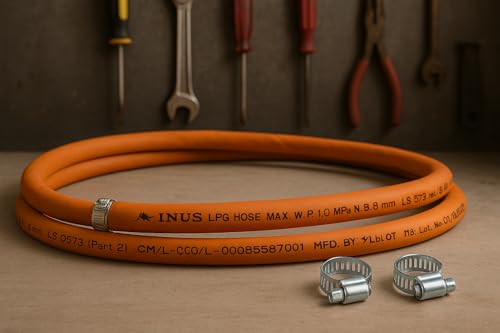 Image of INUS Ready to Use Reinforced LPG Rubber Hose PipeLeak Proof, Made with Reinforced Steel Wire Flame Resistant Design Perfect for Gas Stove with Durable Clamp 1.5m