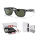 Ray-Ban RB2132 901L 55MM New Wayfarer Square Sunglasses for Men for Women +Bundle with Accessory Eyewear Kit(Black/Crystal Lens G-15 Green)+