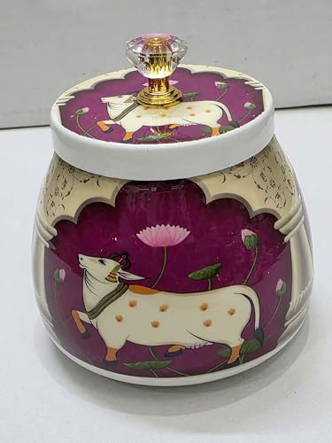 Image of 4-Inch Enamel Printed Pichwai Cow Jars - Decorative Metal Storage Jars with Lid - Traditional Indian Art Containers for Sweets, Spices, Pooja & Return Gifting