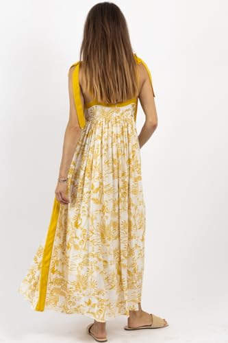 Women Boho Tie Shoulder Maxi Dress Sleeveless Colorful Floral Flowy Long Dress Tied Straps Graffiti Vacation Sundress(Retro Yellow,M)