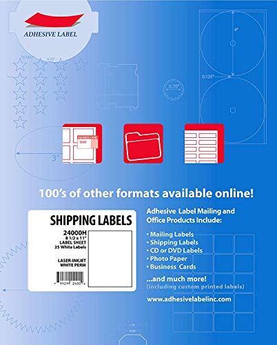 Adhesive Label Full Sheet Shipping Labels for Laser and Inkjet Printer, 8.5 x 11 Inches, Pressure-Sensitive Labels, White, 25 Sheets, 1 per Sheet, 24000H