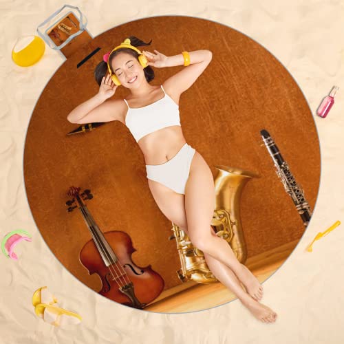 Manta de Piquenique Clarinete Violino Saxofone Clássico 148 x 148 cm, Cobertor de Praia Redondo À Pr