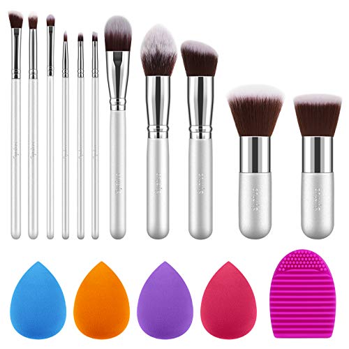 Syntus Makeup Brush Set, 11 Makeup Brushes & 4 Blender Sponges & 1 Brush Cleaner Premium Synthetic Foundation Powder Kabuki Blush Concealer Eye Shadow Makeup Brush Kit, Pure Silver