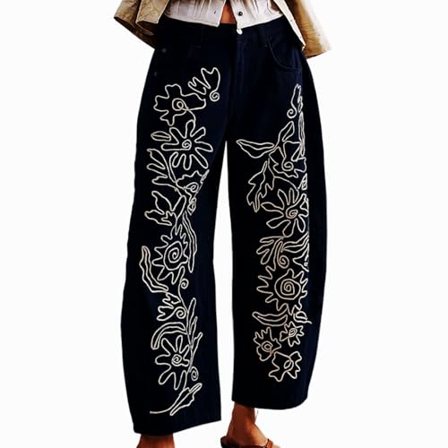 Embroidered Jeans for Women Barrel Pants Baggy Jean Y2k Boyfriend Cheetah Print Mid Rise Denim Ankle Pants