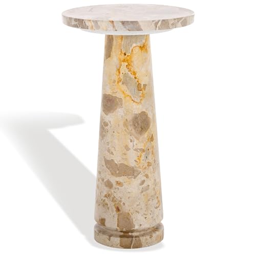 SAFAVIEH Furniture - Valentia Round Marble Accent Table - Beige - Marble Top - Glam Stone Pedestal Design - Ideal for Living Room, Bedroom, Entryway, 10" W x 10" D x 17.5" H (SFV9704I)