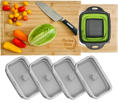 Cocina Vida Bamboo Cutting Board With 4 Collapsible Containers And Strainer, Over The Sink Cutting Board, All In One Chopping Expandable Slide-Out Meal Prep Wood Chopping Board, Kitchen Must Have