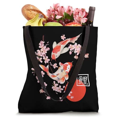 Bolso tipo tote con diseño artístico japonés de carpas koi y cerezos en flor (sakura) miniatura 4