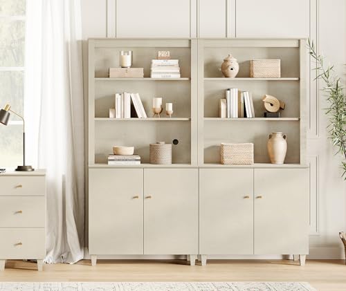Image of WAMPAT 71 inch Tall Bookshelf with Storage Cabinet, 2 Column Modern 5-Tier Beige Wood Bookcase with Adjustable Shelf, 71 inch Wide Wooden Display Bookshelves for Home Office, Living Room, Bedroom