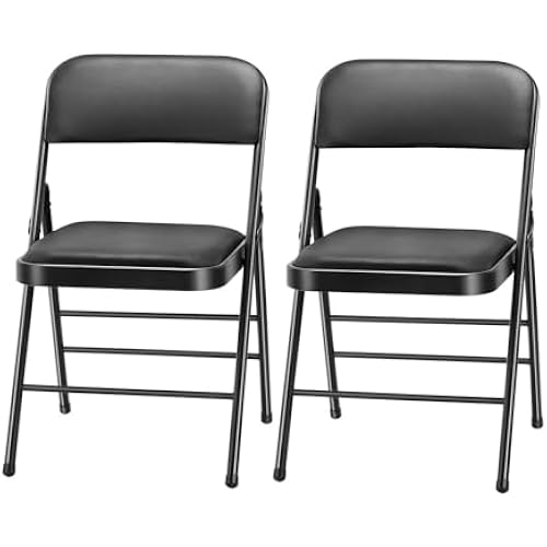 Pack of 2 (Fabric/Vinyl) Steel Frame Metal Foam Padded Folding Chairs (Black, Gray, White) (2-Pack - Vinyl Black)