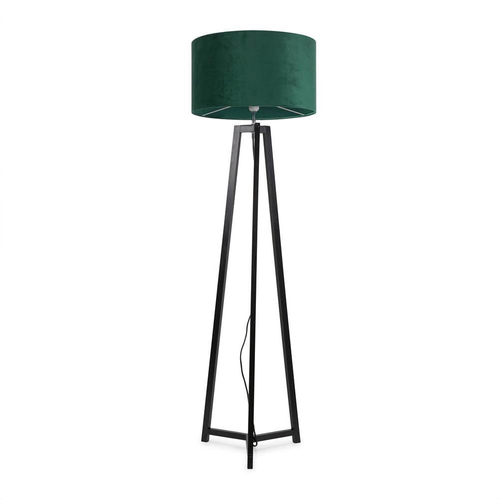Lottie Black Wood Tripod Floor Lamp - Grey Velvet Drum Shade