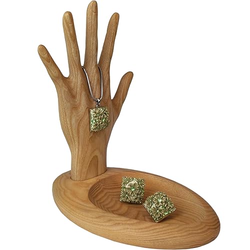 Wood Wedge Earring Holder Organizer, Jewelry Organizer with Hand-Shaped Stand for rings, watches, necklace, clearance items, Gift Wife Anniversary Birthday Graduation, 8,5''x8,8'' (Natural)