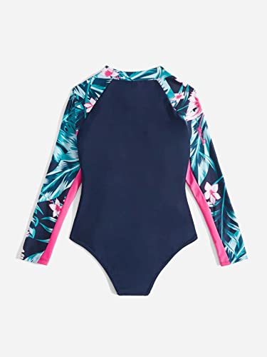 Makemechic Girl's Rash Guard Bathing Suit Floral Long Sleeve Zip Back One Piece Swimsuit Multi A 11-12Y #TOP1