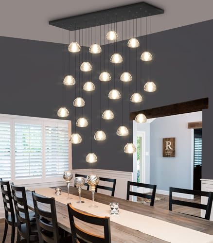 Image of 24-Lights Modern Rectangular Crystal Chandelier LED Raindrop Ceiling Pendant Light Crystal Lighting Fixture for Living Room Hotel Staircase Hallway Foyer Entryway Bedroom Black