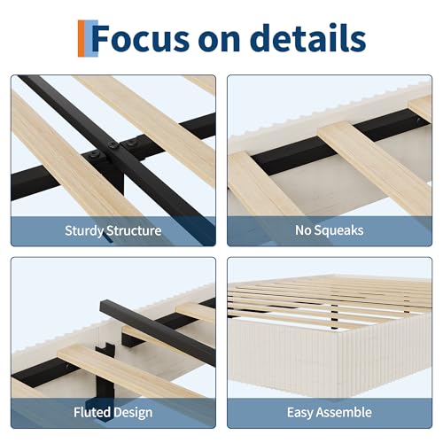 Image of GarveeHome Full Size Bed Frame, Wood Platform Bed, Fluted Bed Frame, Minimalist Bed Base with Low Profile Design, Noise-Free, Easy Assembly, No Box Spring Needed, Cream White