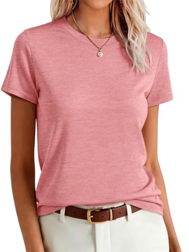 Image of UNCLECAT Womens Short Sleeve Tops Summer Basic T Shirts Crewneck Causal Tee | Solid Color, Trendy Fashion Clothes, Casual Basic Tee