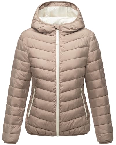 MARIKOO Damen leichte Übergangsjacke Kurze Steppjacke mit innen eingenähter Tragetasche zum einfachen Verstauen und praktischem Umhängen der Jacke Pack Mich EIN Taupe Grey Gr. 3XL