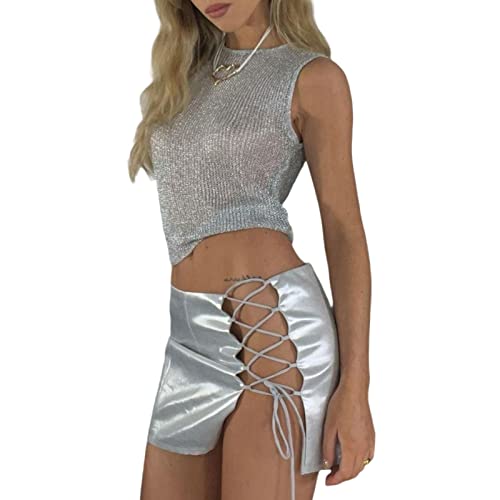 Women's See Through Short Skinny Vest Tops Solid Color Sleeveless O Neck Sheer Crop Tops4