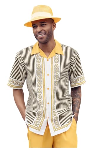 MONTIQUE Walking Suit For Men 2 Piece Set - Short Sleeve Shirt and Long Pants, Solid Colors - 2501