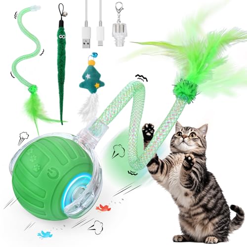 Image of Interactive Cat Toy Ball - Christmas Cat Toys for Indoor Cats with Feather Tails for Chasing, Moving Stimulation Smart Cat Toy for Enrichment, Motion Activated Automatic Rolling Toys to Keep Them Busy