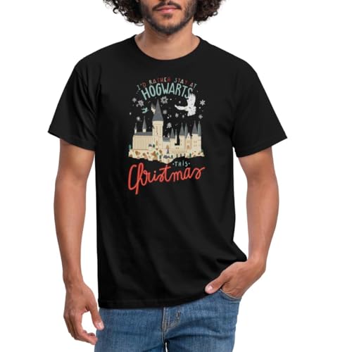 Spreadshirt Harry Potter I'd Rather Stay At Hogwarts Christmas Men's T-Shirt, 3XL, Black