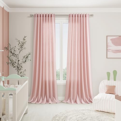 Image of Pink Linen Curtains 72 Inch Length for Baby Girl Bedroom Lightweight Door Drapes 2 Panels Set for Kids Sheer Light Filtering Back Tab Rod Pocket Curtain for Kitchen Protect Privacy 52x72