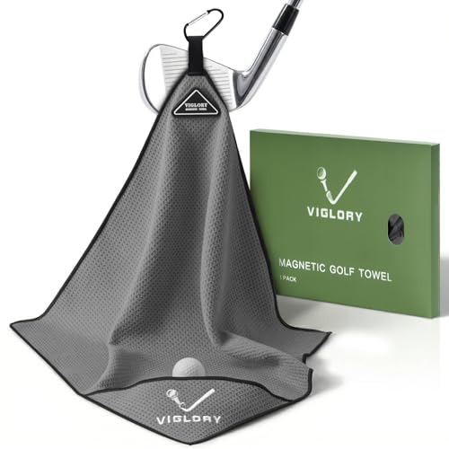 VIGLORY Magnetic Golf Towel 18x18 with Cleaning Pocket No-Bend Back Saver Design Ultra Absorbent Waffle Microfiber Club Ball Cleaner Golf Accessories and Gifts for Men Women (Grey)